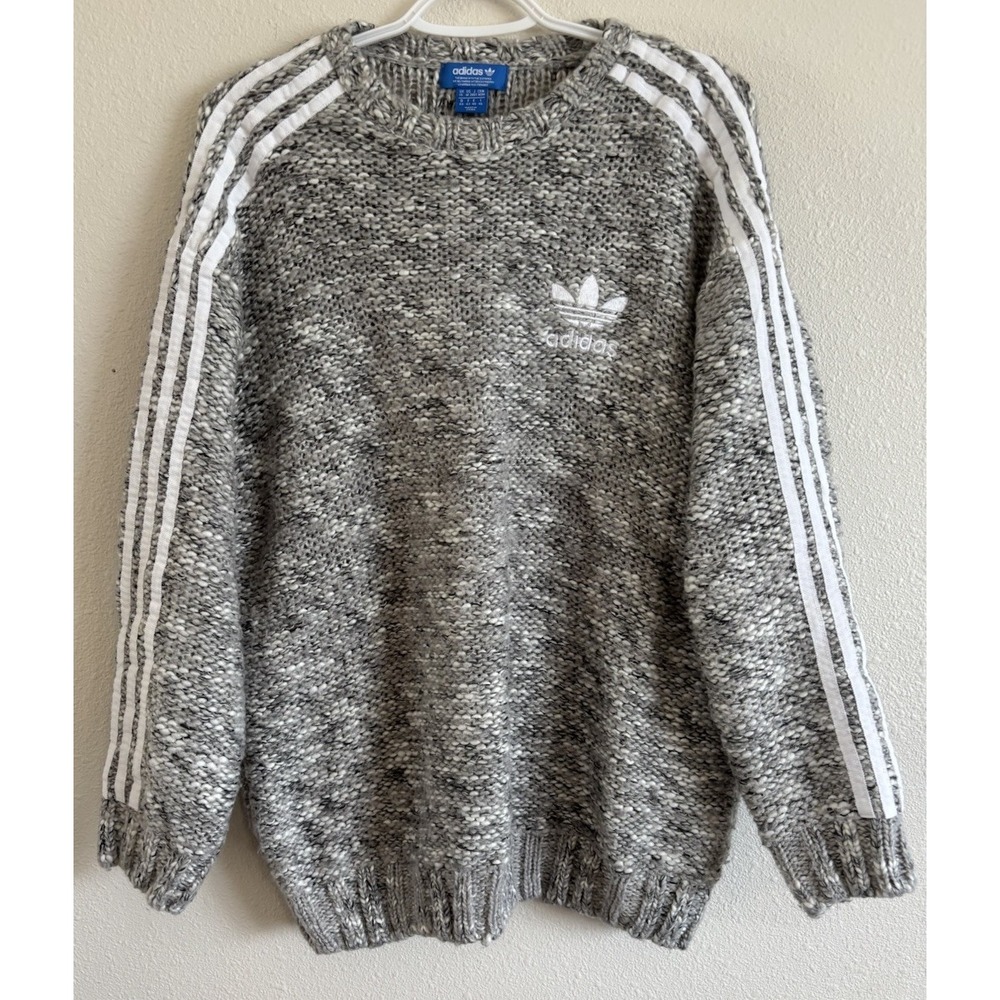 Adidas Originals Women M Chunky Knit Sweater Gray 3 Stripe Trefoil AY5247